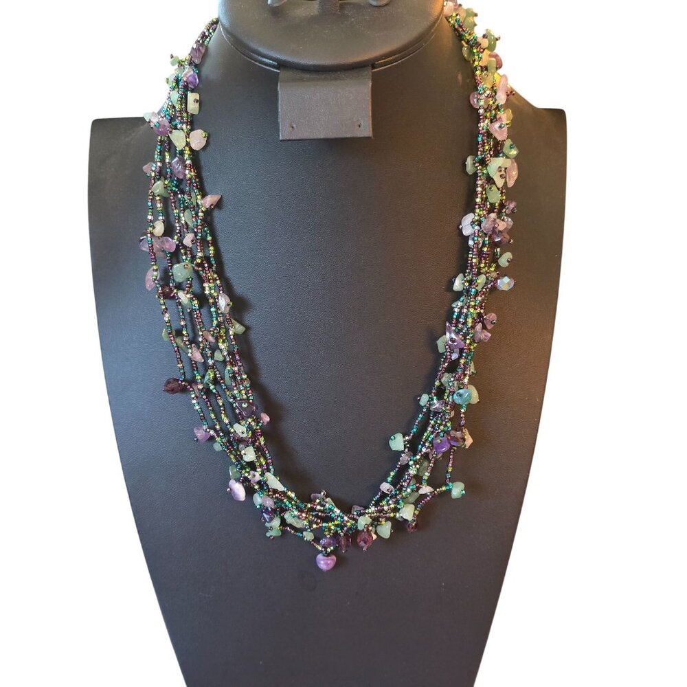 Fluorite‎ & Amethyst Gemstone Multistrand Beaded Necklace w/ Magnetic Clasp